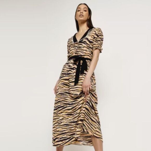 NEW‎ river island animal print midi dress Peter Pan collar waist tie size 12 - Picture 1 of 9